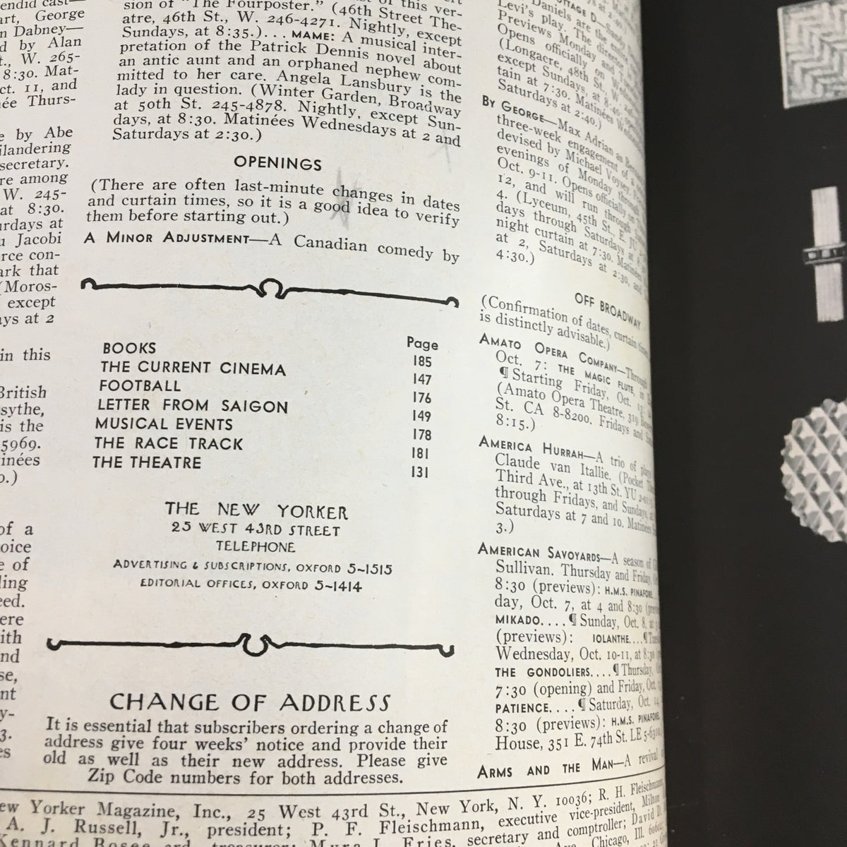 Interior page from The New Yorker Magazine October 7, 1967, listing articles and events along with address and contact information.