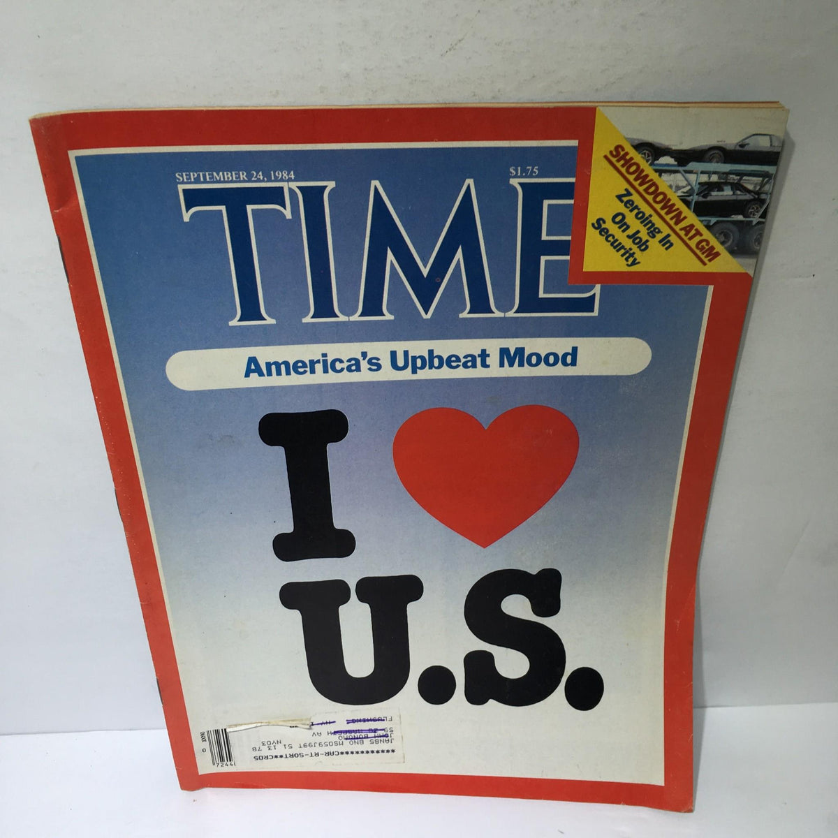 Time Magazine September 24, 1984 cover featuring the title 'America's Upbeat Mood: I Love U.S.' with a vibrant blue background and playful graphics.