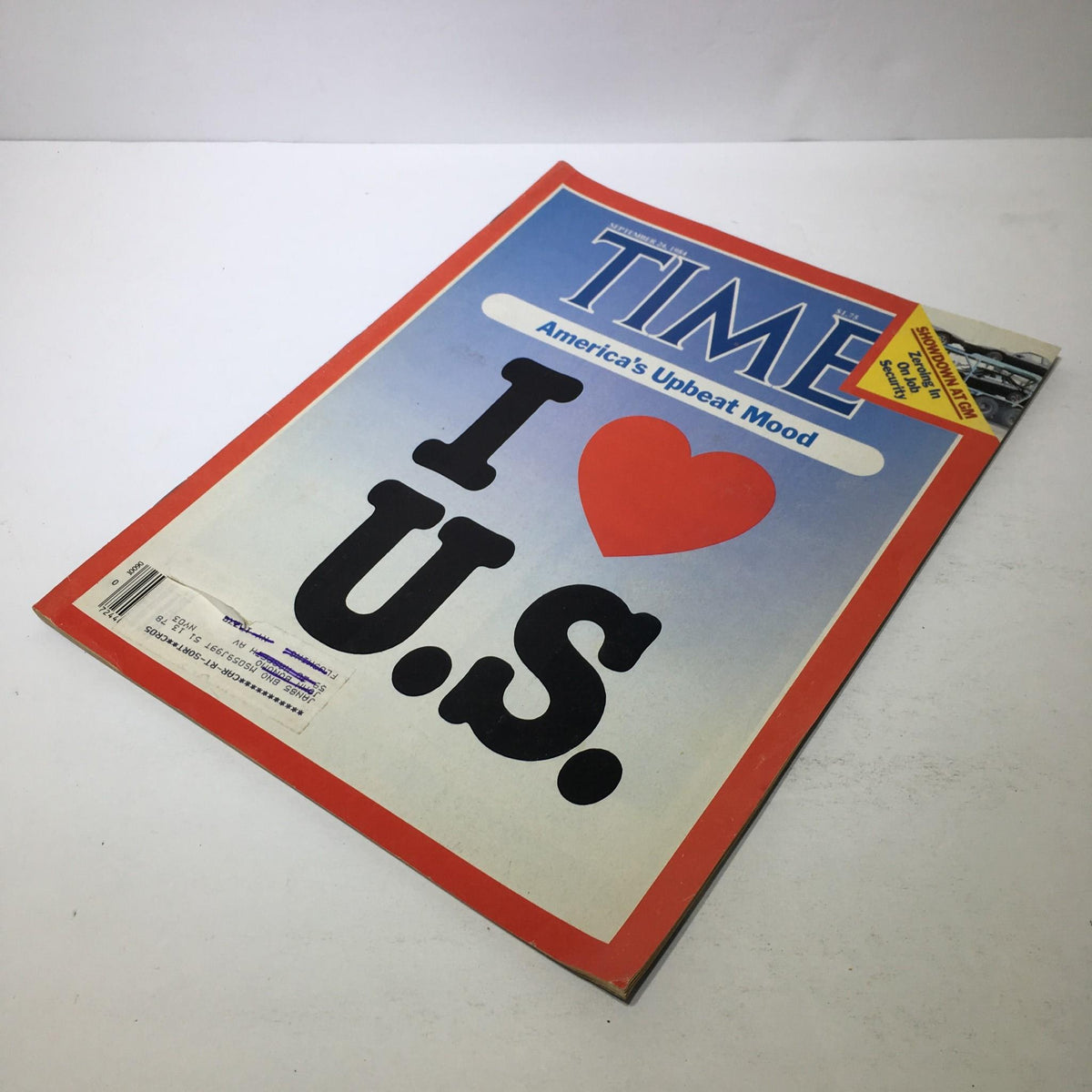 Time Magazine September 24, 1984, angled view showing the cover titled 'America's Upbeat Mood: I Love U.S.' with a classic design.