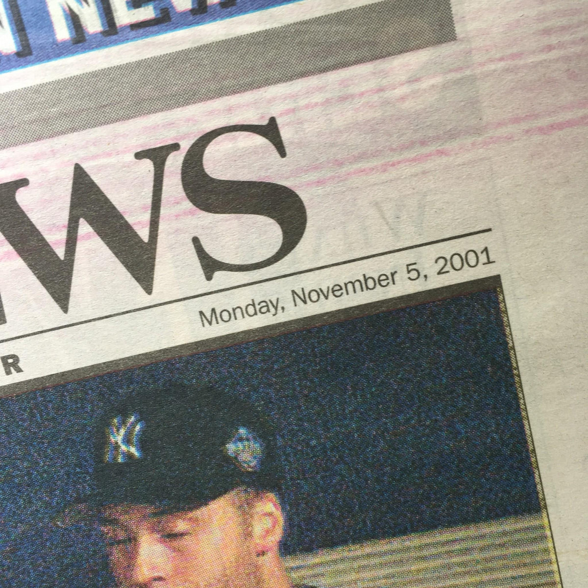Close-up of the NY Daily News header showing the date Monday, November 5, 2001, associated with the article 'End of An Era: Yanks Incredible Series Run Dies in Desert'.