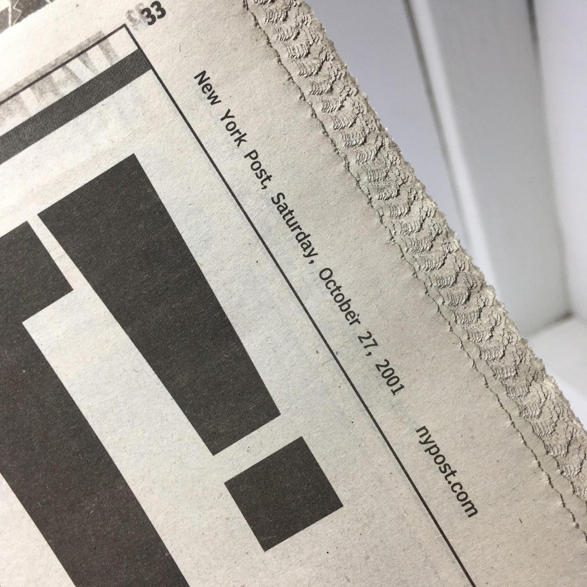 Close-up image of the NY Post date header, displaying 'New York Post, Saturday, October 27, 2001'.