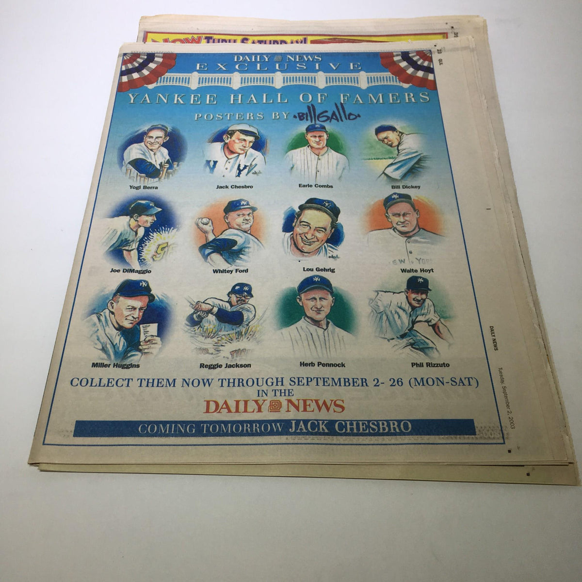 New York Daily News: Sept 2 2003 Yankee Hall Of Famers cover featuring illustrations of iconic Yankees players including Yogi Berra and Reggie Jackson.