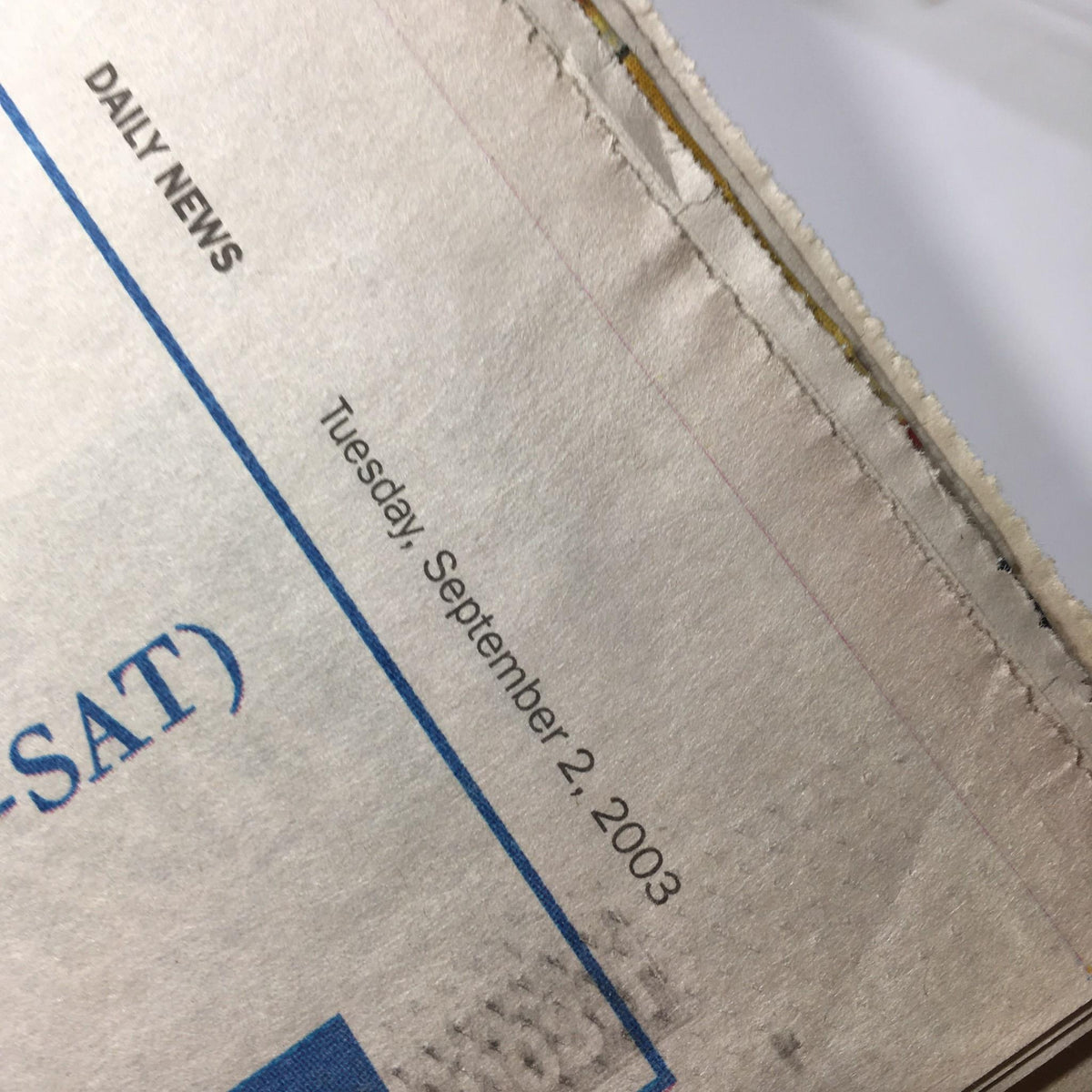 New York Daily News: Sept 2 2003 date stamp highlighting Tuesday, September 2, 2003, on the issue's edge.