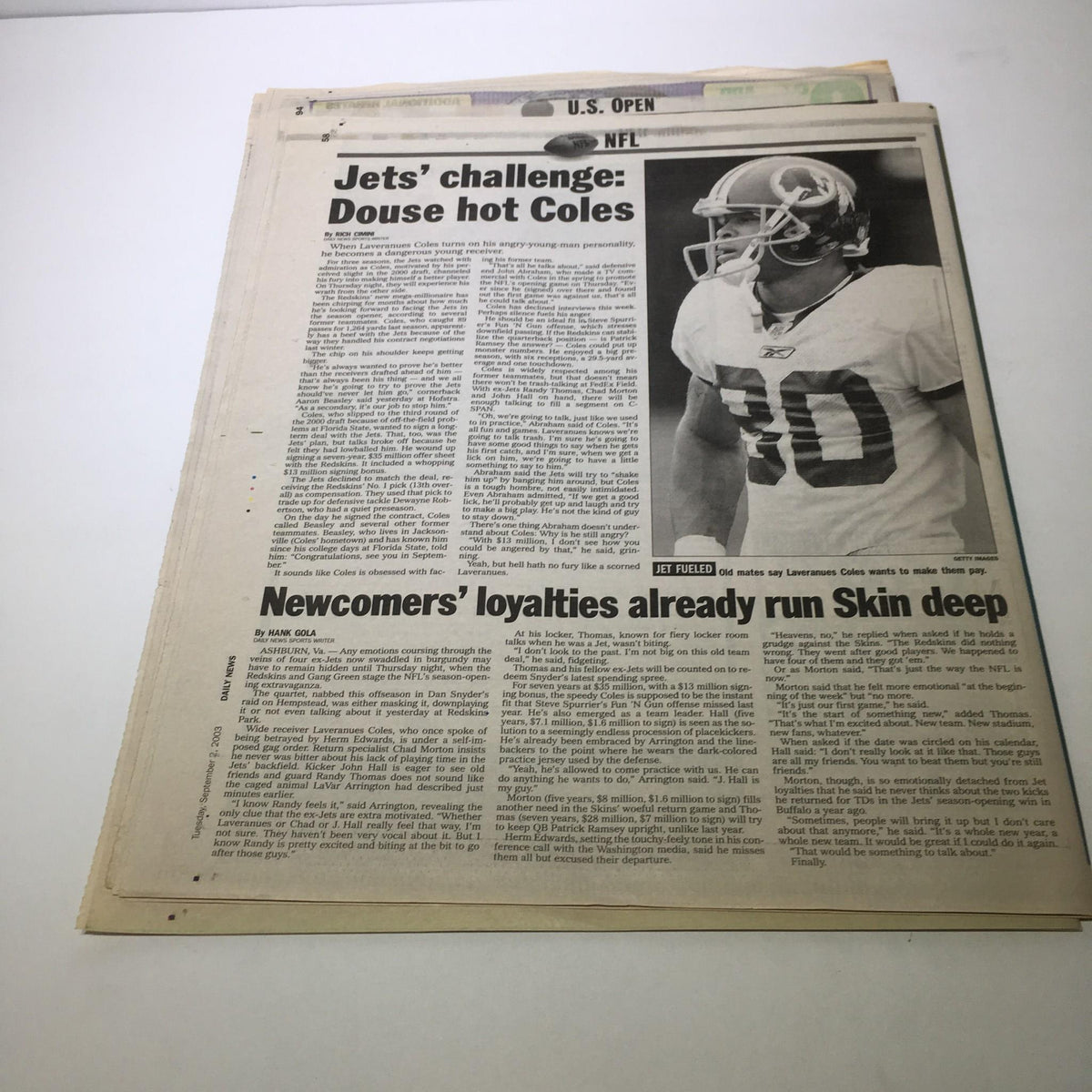 Inside page of New York Daily News: Sept 2 2003 showcasing articles and a photo from the NFL U.S. Open.