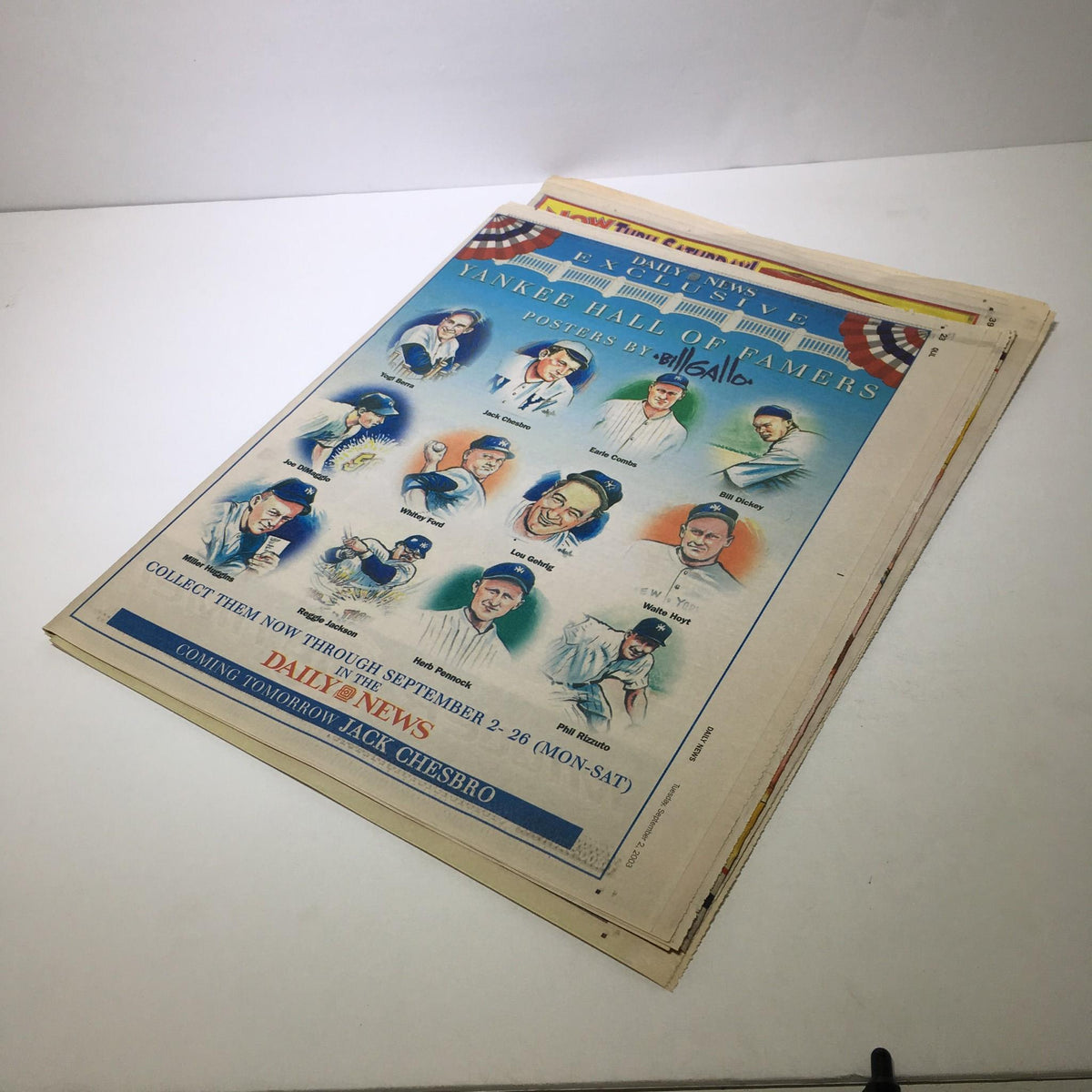 New York Daily News: Sept 2 2003 cover with illustrations of Yankees Hall Of Famers, featuring iconic players and promotional information.