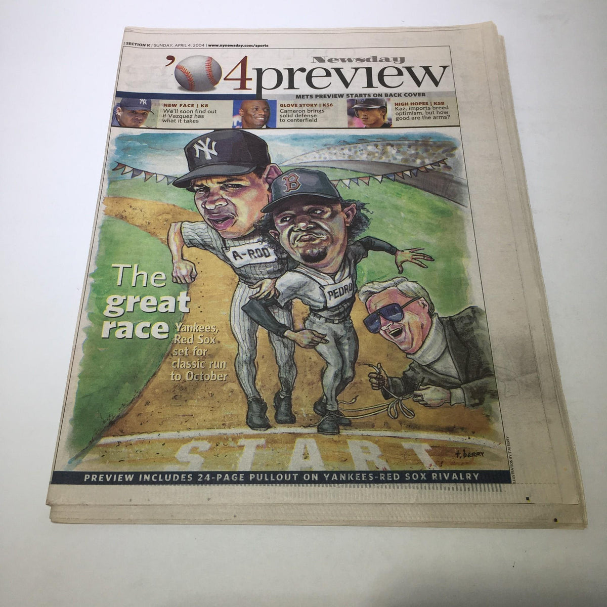 Newsday: April 4 2004, The Great Race Yankees, Red Sox Set For Classic Run. The image features a newspaper cover illustrating a cartoon depicting players from the New York Yankees and Boston Red Sox, highlighting their classic rivalry with the tagline 'The Great Race'.