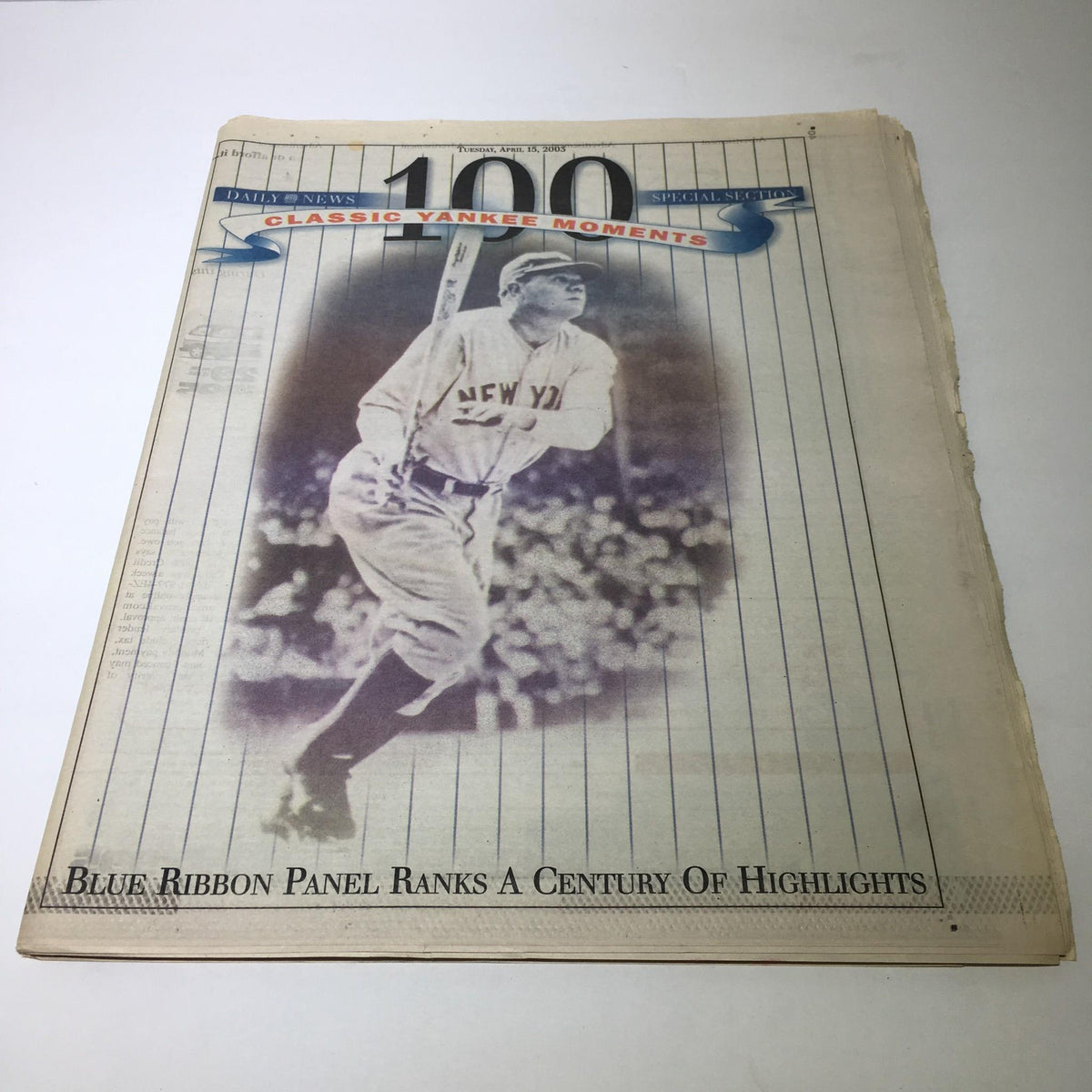 New York Daily News cover from 04/15/2003 featuring the title 'Blue Ribbon Panel Ranks A Century Of Highlights,' showcasing classic moments from Yankee history.