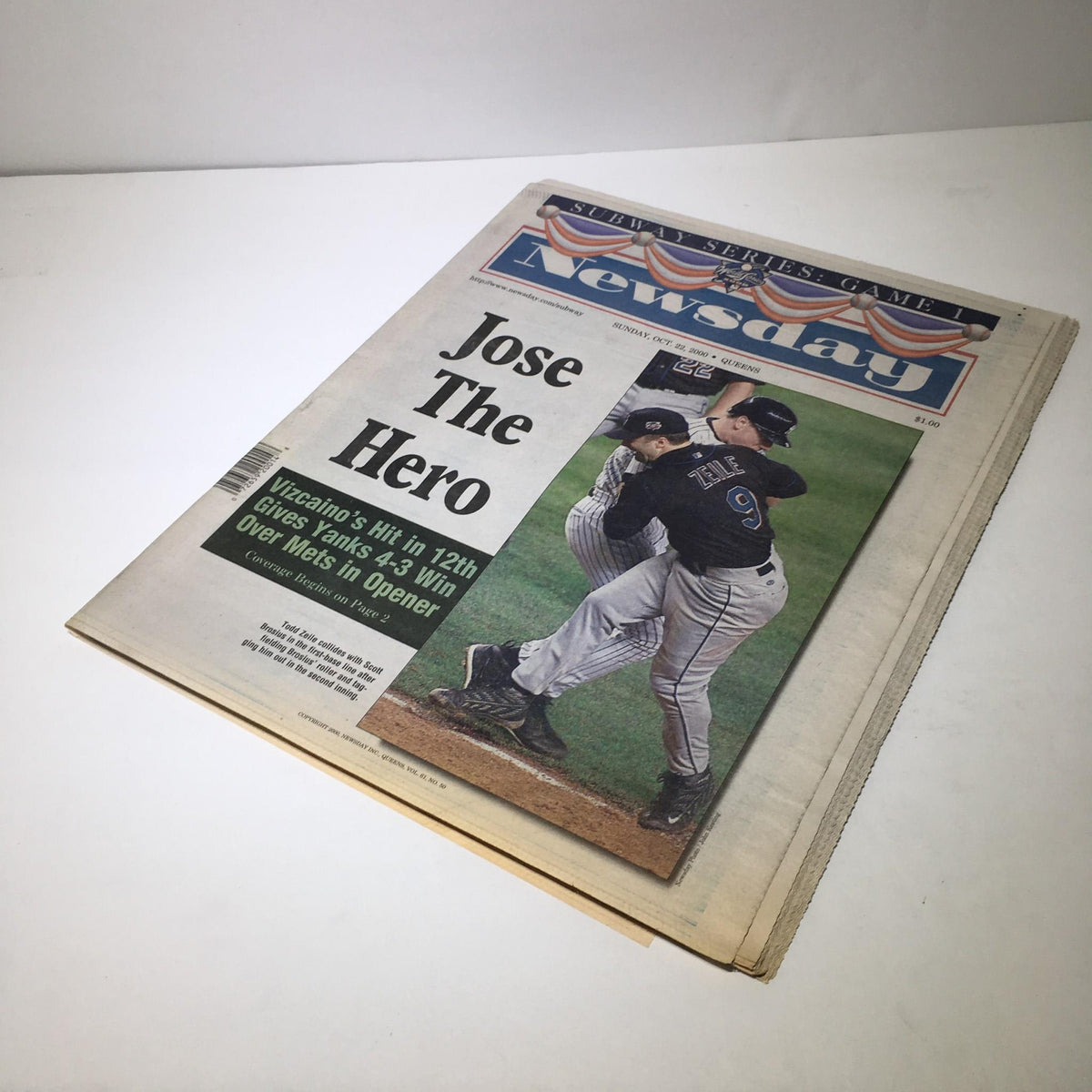 Front page of Newsday featuring the headline 'Jose The Hero' on October 22, 2000, reporting on Vizcaino's hit that led to Yankees victory over Mets in the opener.