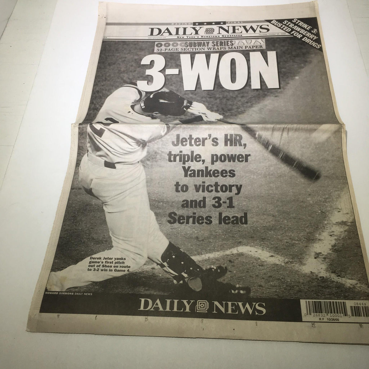 NY Daily News headline, June 26, 2000, showcasing Derek Jeter's performance in the Yankees' victory, featuring the title '3-WON' and emphasizing Jeter's HR and triple power.