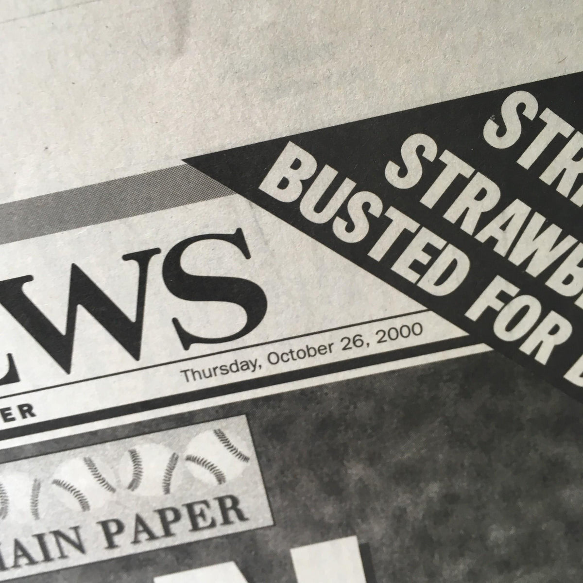 Close-up of the NY Daily News dated October 26, 2000, focusing on the header and date, related to Jeter's HR and Yankees victory news.