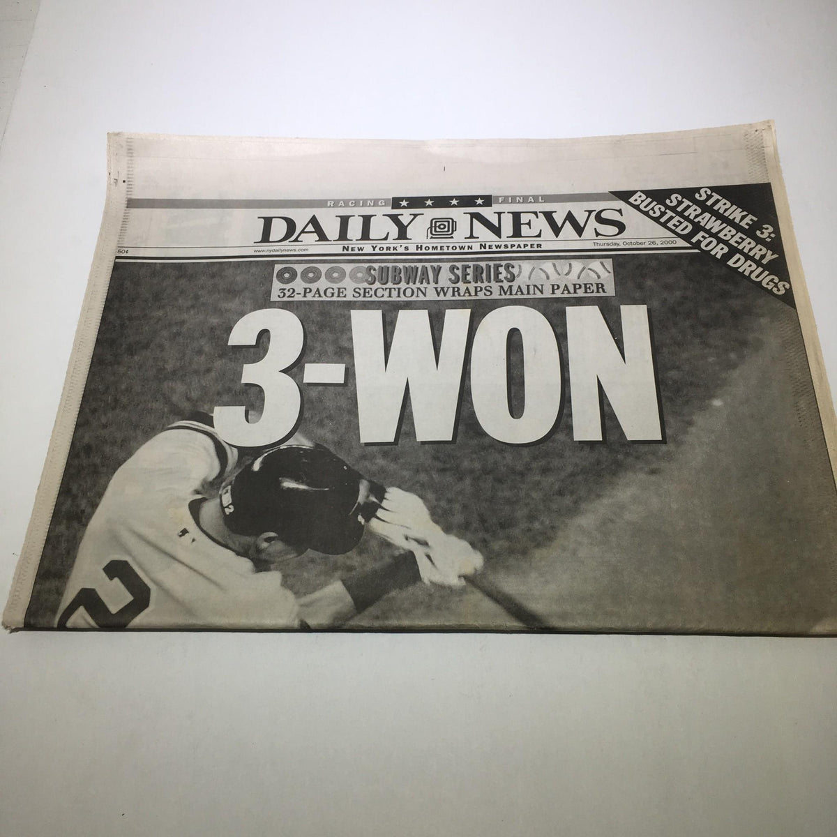 Another view of the NY Daily News from October 26, 2000, prominently displaying the title '3-WON' celebrating the Yankees' win and Jeter's contributions.