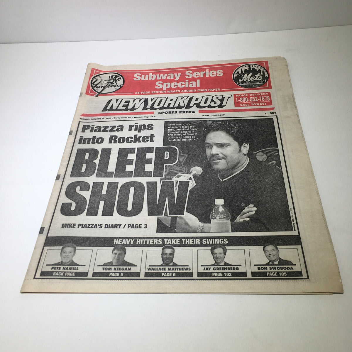 New York Post: October 24 2000 headline featuring Piazza rips into Rocket Bleep Show, showcasing a prominent image of Mike Piazza with the title text and additional context about baseball players, part of the sports section.