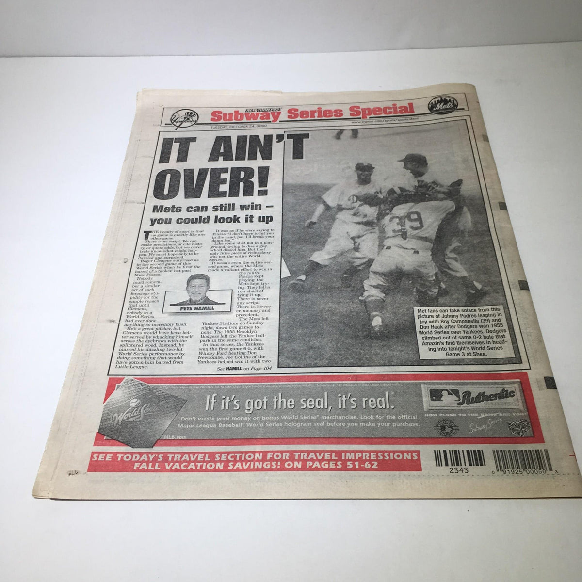 New York Post from October 24, 2000, featuring a Subway Series Special headline 'It Ain’t Over!', discussing Mets' potential victory.