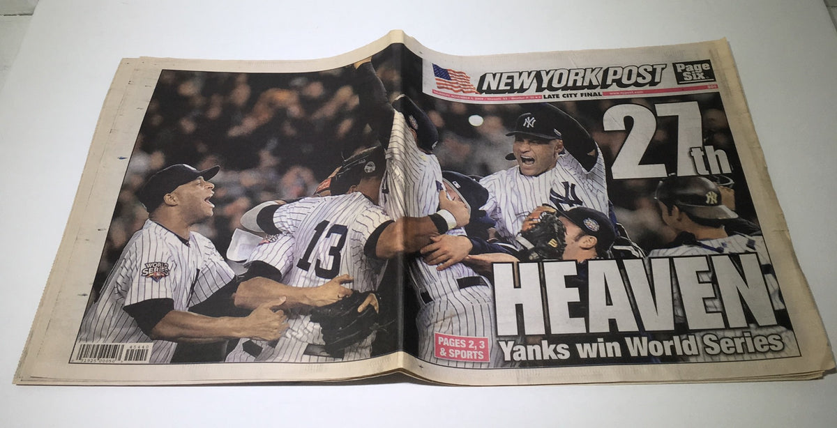 Cover of New York Post: Nov 5 2009, featuring the headline '27th Heaven Yanks Win World Series', showcasing jubilant New York Yankees players celebrating their 27th championship victory.