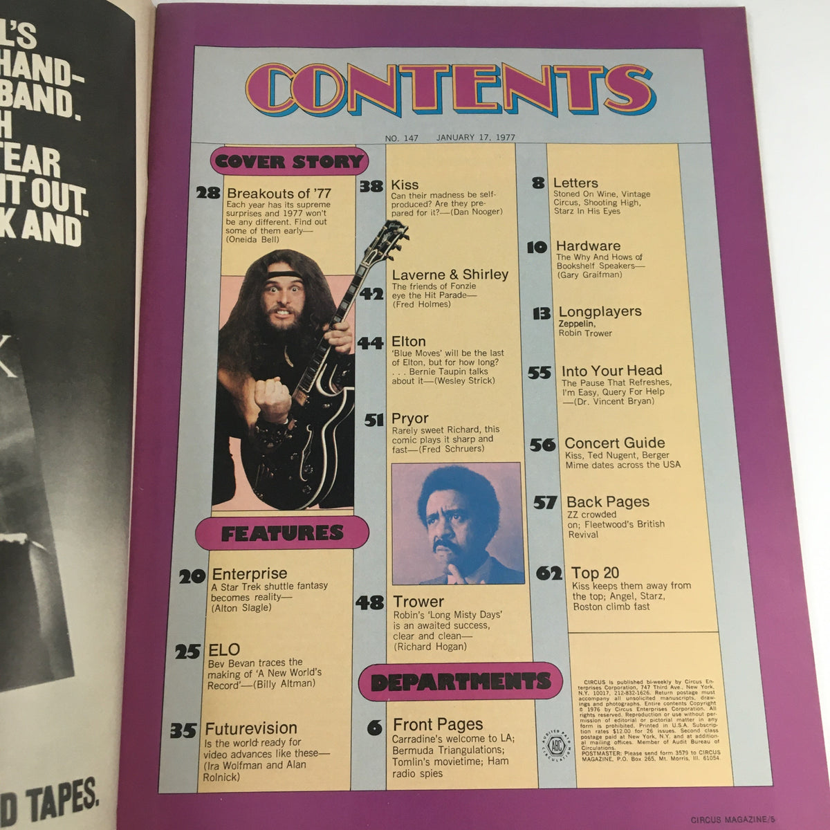 Contents page of Circus Magazine January 17, 1977 showcasing features including articles on rock legends like Kiss, Elton John, and Laverne & Shirley. A vital source for vintage rock music history collectors.