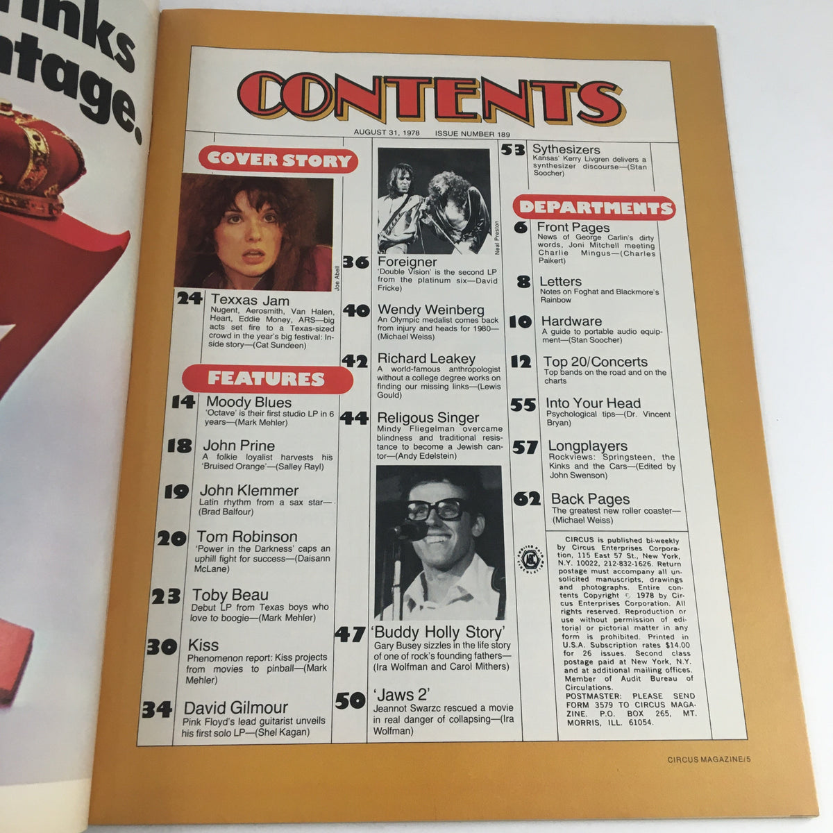 Contents page of Circus Magazine August 31 1978, highlighting the feature on Texxas Jam and articles on various artists, showcasing the vibrant music culture of the late 1970s.