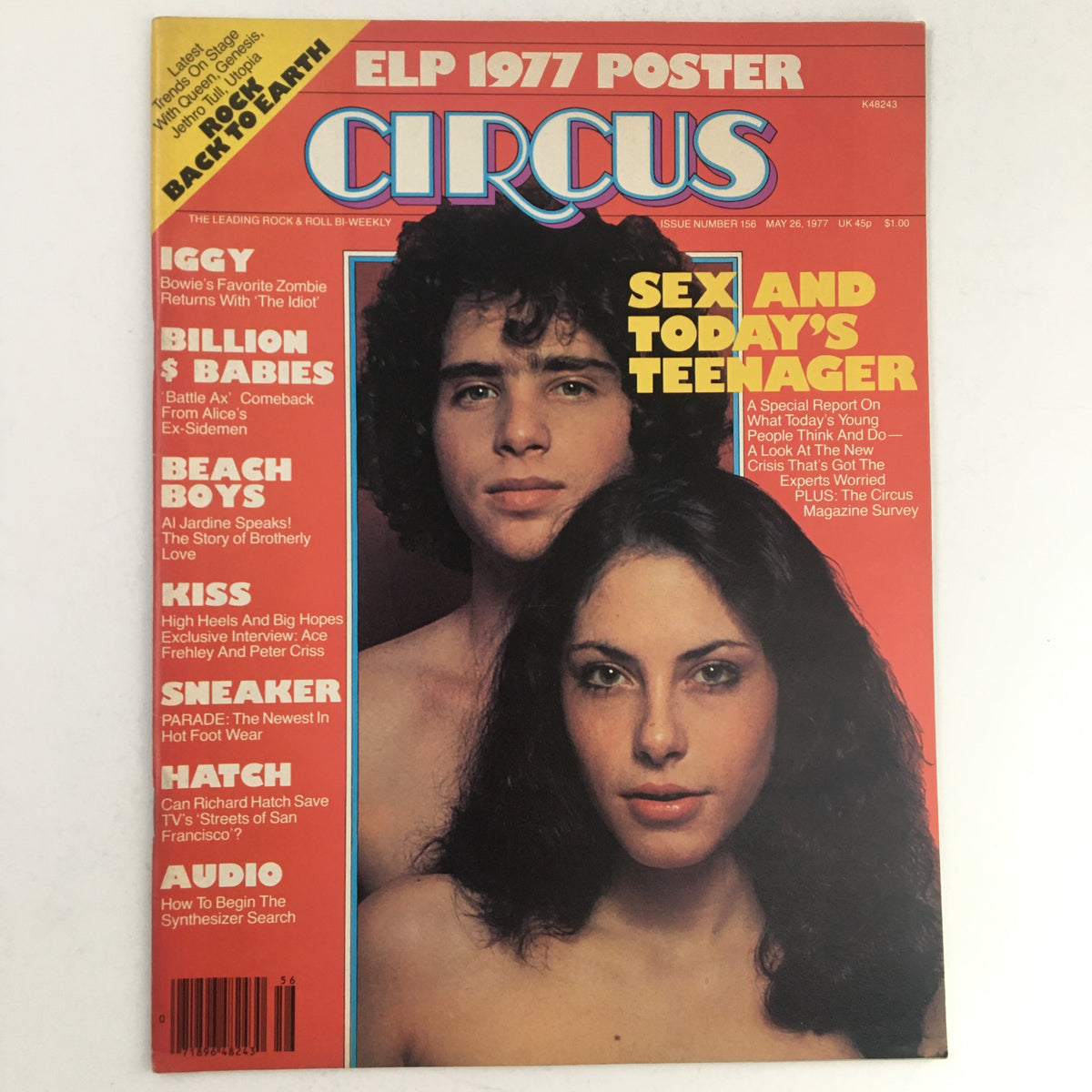 Circus Magazine cover from May 26, 1977 featuring Keith Emerson of Emerson, Lake & Palmer. The magazine includes a bold headline about sex and teenagers, along with a vintage poster of Emerson. Highlights notable articles about popular bands and cultural insights from the late 1970s.