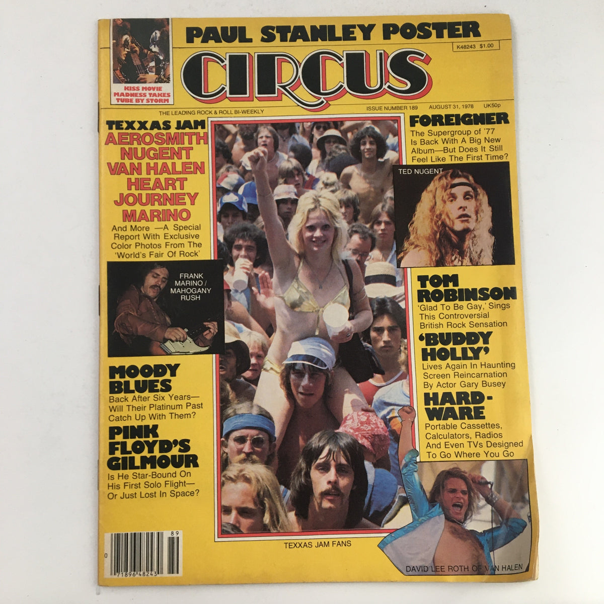 Circus Magazine August 31 1978 featuring Paul Stanley poster and articles about Frank Marino, Aerosmith, and Van Halen, showcasing classic rock memorabilia.