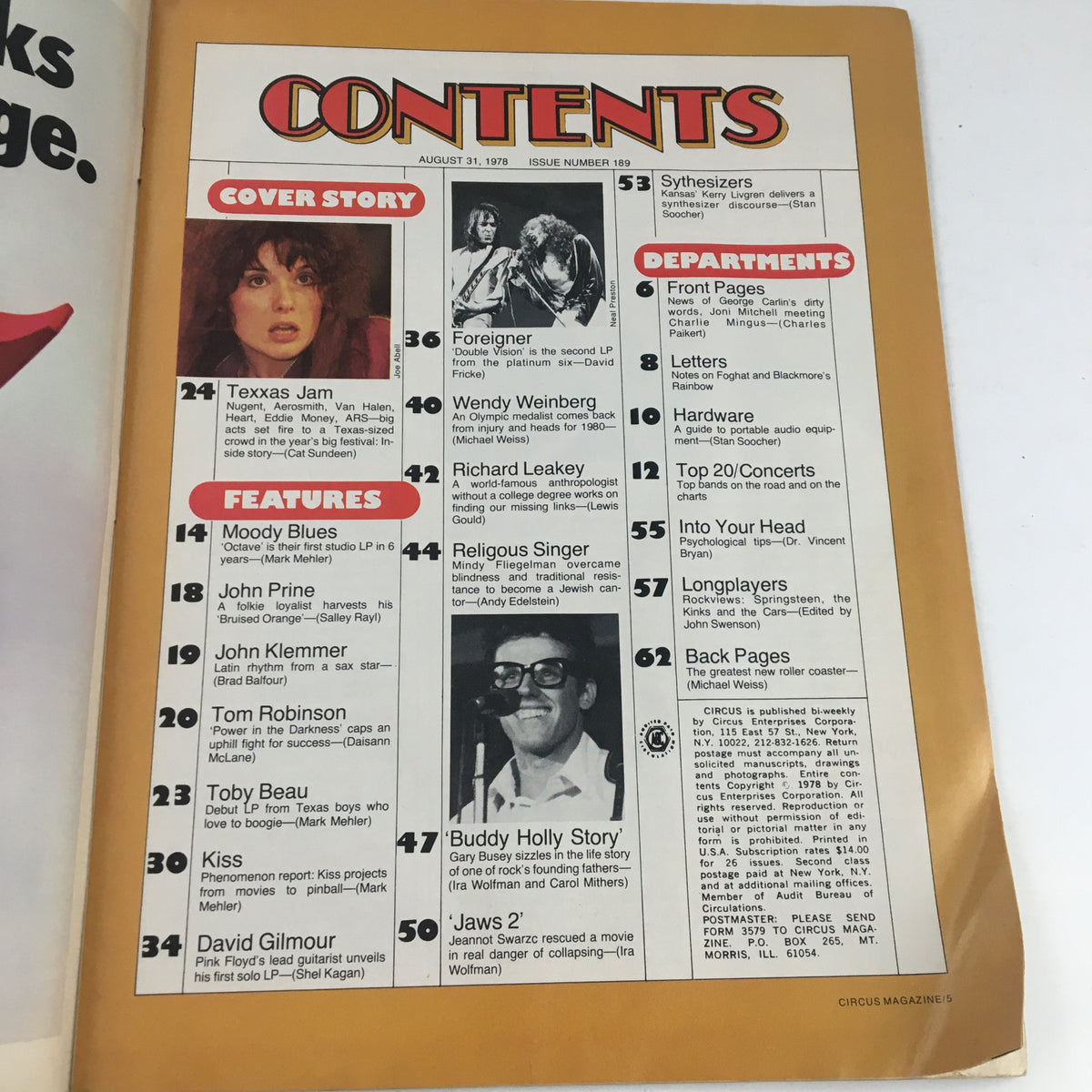 Table of contents from Circus Magazine August 31 1978 featuring features and departments including articles on various artists and a cover story.