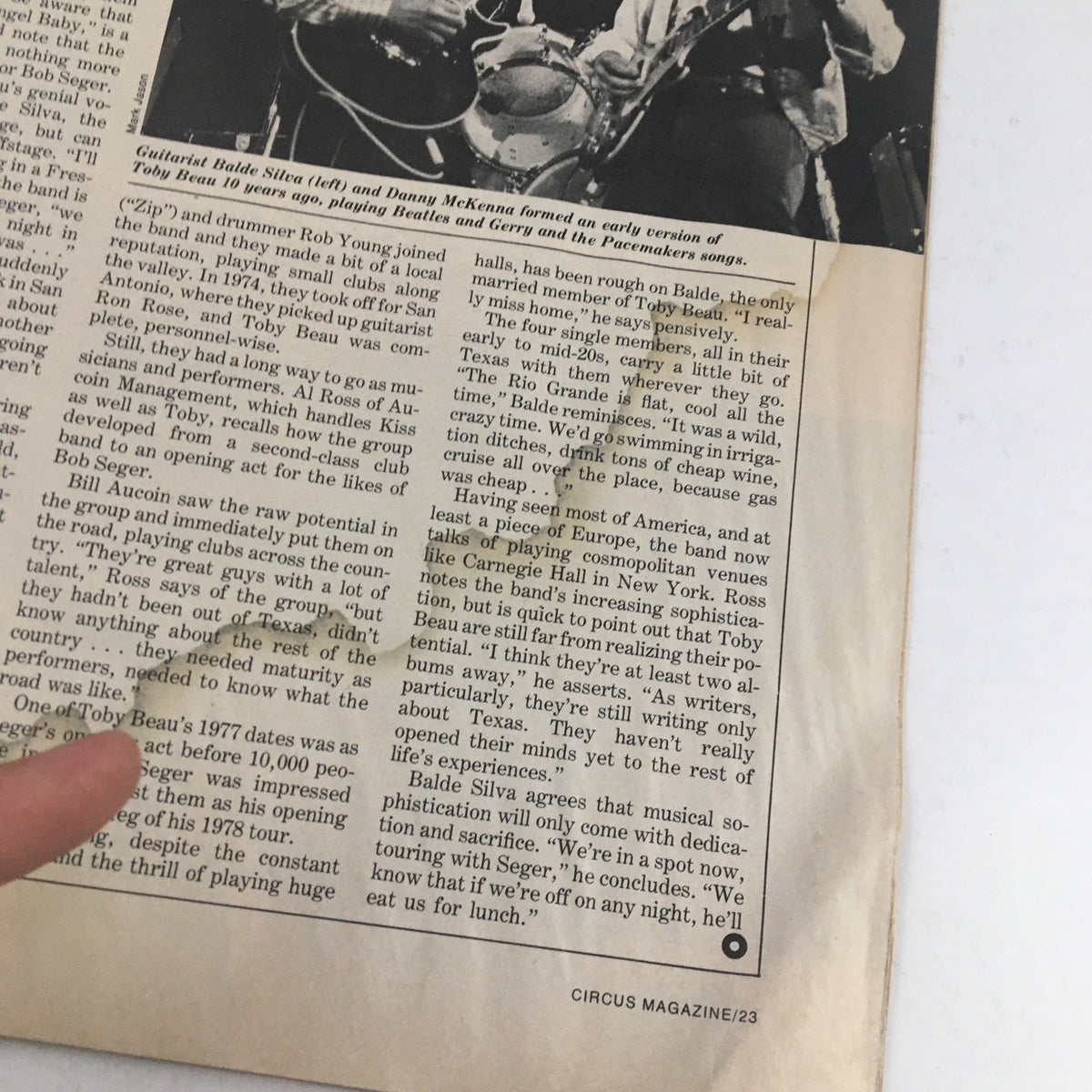 Detailed page from Circus Magazine August 31 1978 highlighting an article about musician Toby Beau.