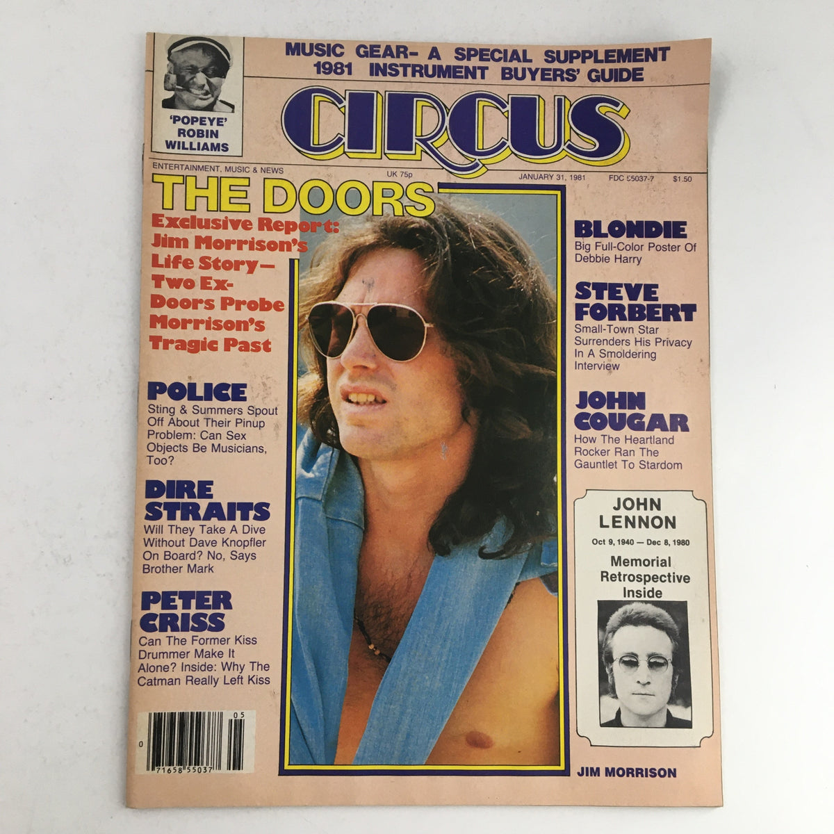 Cover of Circus Magazine dated January 31, 1981, featuring iconic figures Jim Morrison and John Lennon, with highlights on The Doors and articles on other notable artists.