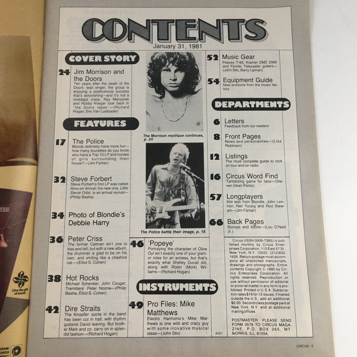 Contents page of Circus Magazine January 31 1981, featuring Jim Morrison, The Police, and other articles related to classic rock music and culture.