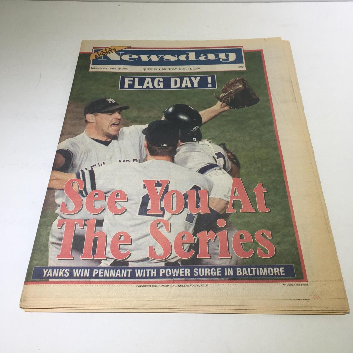 Front page of Newsday on October 14, 1996, displaying the title 'See You At The Series' amid a celebration of New York Yankees winning the pennant.
