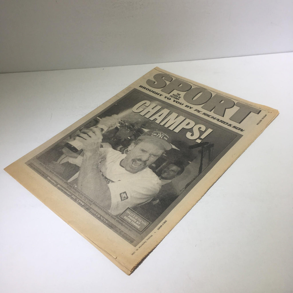 Newsday: Sept 30 1996 Champs! Excellent Condition - Vintage newspaper featuring a jubilant fan celebrating with a championship trophy.