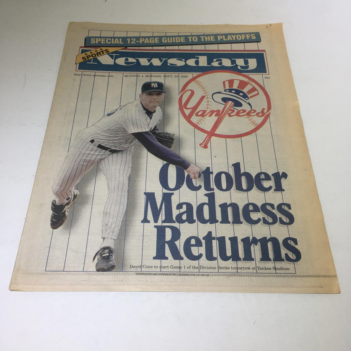 Newsday: Sept 30 1996 Champs! Excellent Condition - Cover of a sports newspaper showcasing a pitcher in Yankees uniform and a feature about playoff excitement.