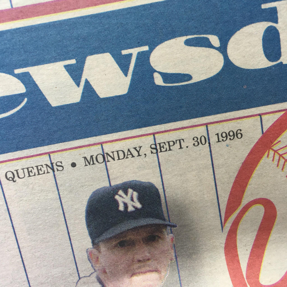Newsday: Sept 30 1996 Champs! Excellent Condition - Close-up of the newspaper header displaying the date and a Yankees player.
