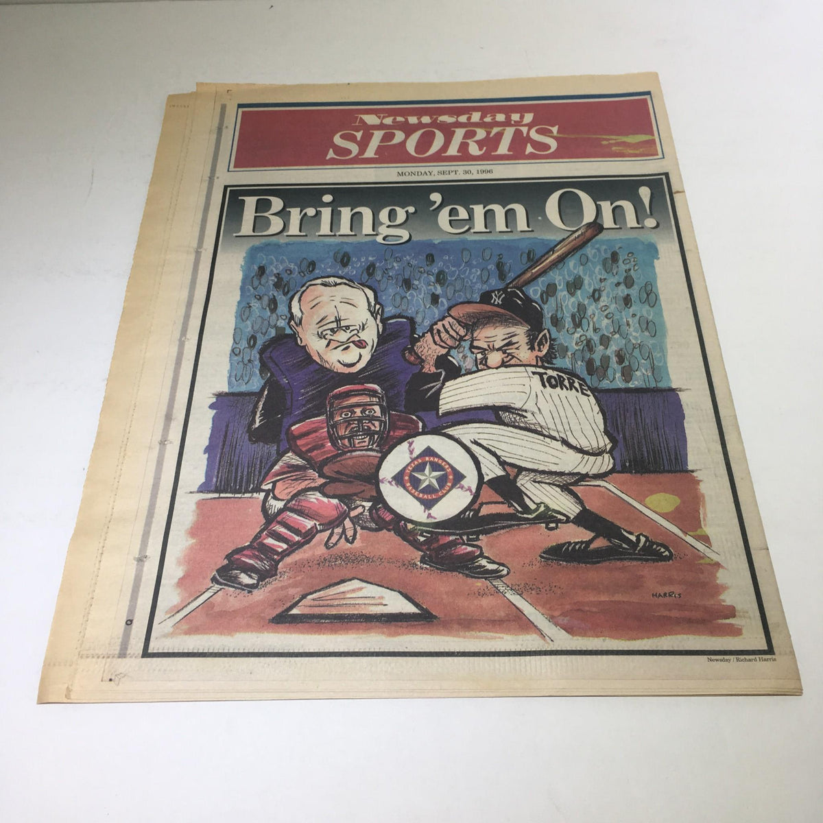 Newsday: Sept 30 1996 Champs! Excellent Condition - Cartoon illustration on the cover of Newsday Sports depicting a baseball player in action.