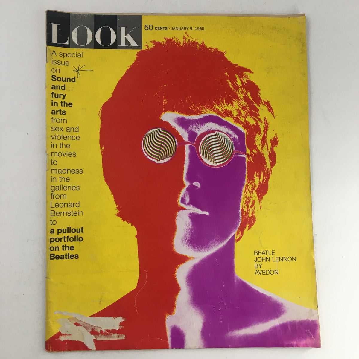 Cover of Look Magazine January 9, 1968 featuring a colorful and iconic illustration of John Lennon by Richard Avedon with bold text.