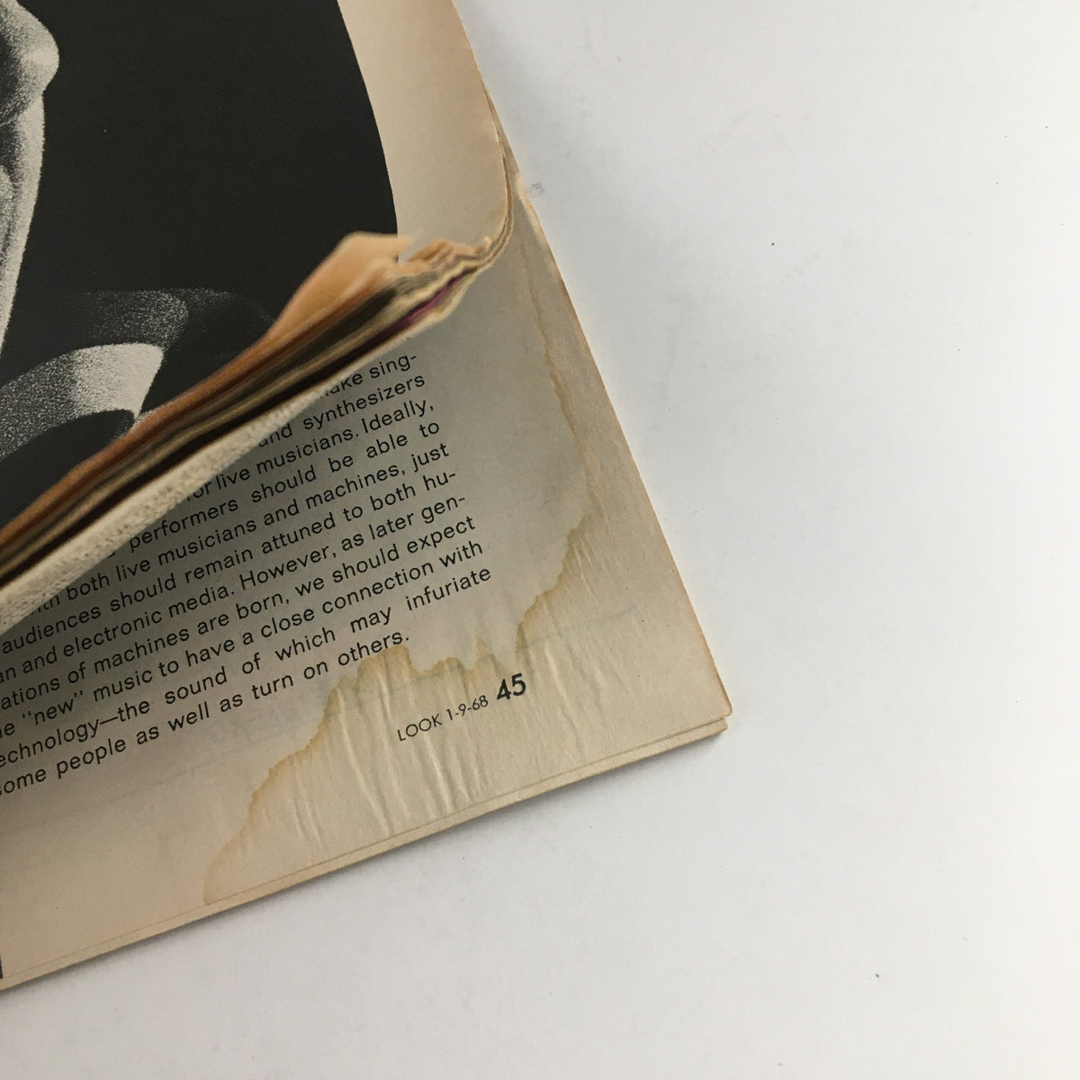 Detail of a page in Look Magazine January 9, 1968, showing minor damage and vintage design elements.