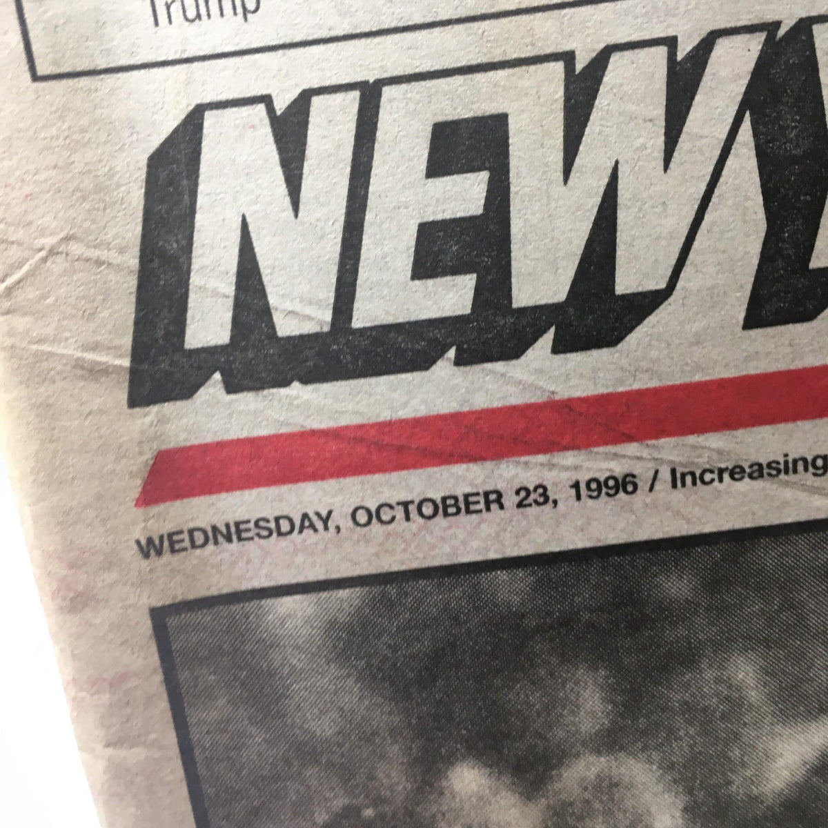 Close-up of the New York Post logo and the date Wednesday, October 23, 1996, highlighting the headline 'WE'RE BACK!' about the Yankees vs Braves match.