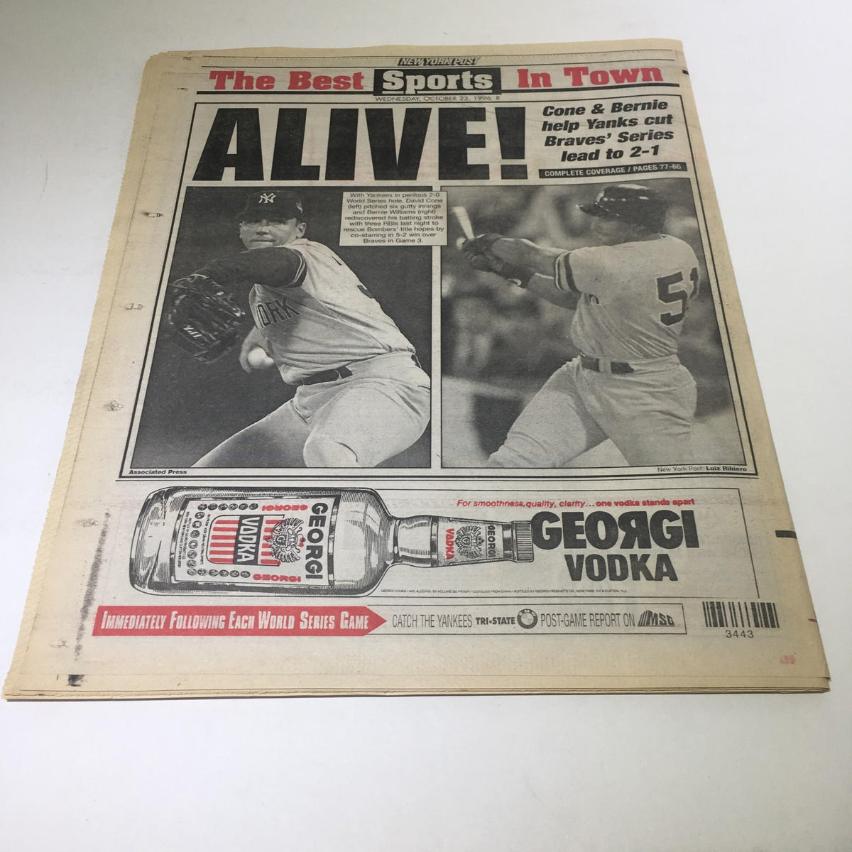 Another New York Post front page dated October 23, 1996, under the headline 'ALIVE!' discussing Yankees' performance against the Braves in the World Series.
