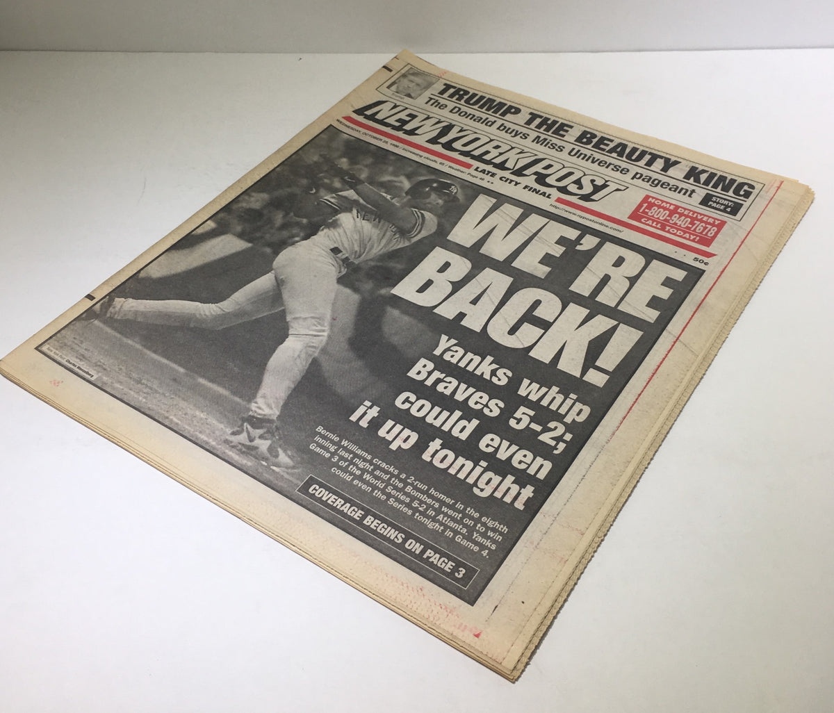 A second view of the New York Post front page from October 23, 1996, reiterating the headline 'WE'RE BACK!' following the Yankees' win against the Braves.