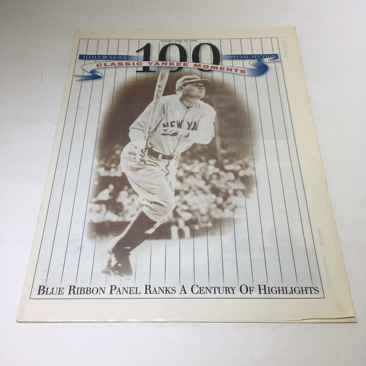 Cover of New York Daily News dated April 15 2003 featuring the title 'Blue Ribbon Panel Ranks A Century Of Highlights' with a historic baseball scene.