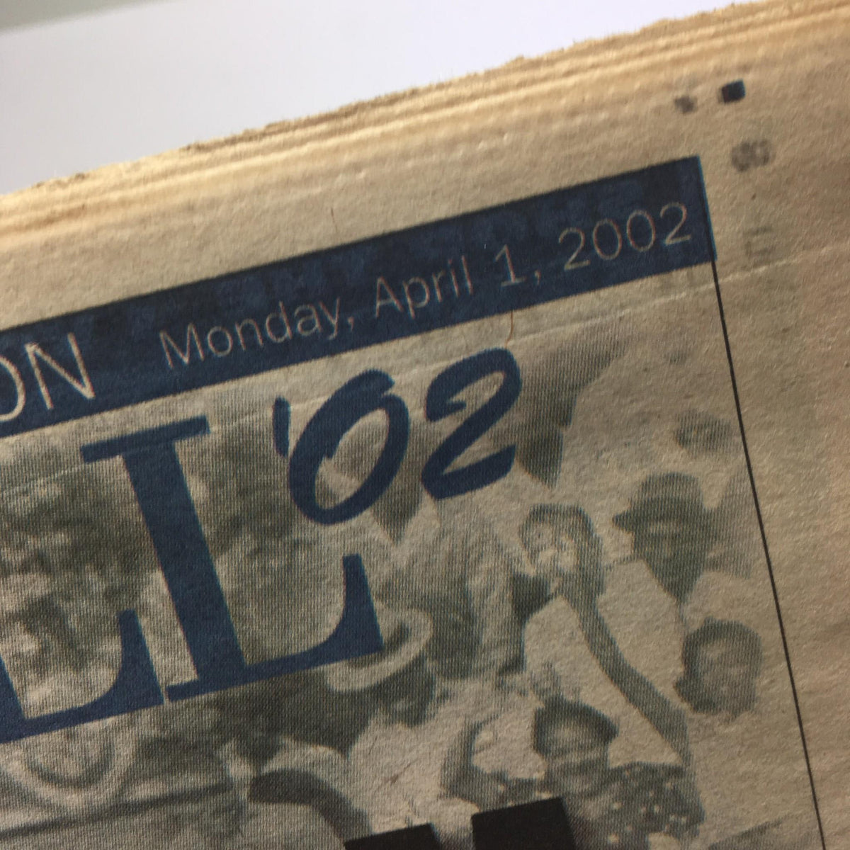 Close-up of the date on the Special New York Daily News: April 1 2002 Blast From The Past Baseball '02 edition, showing Monday, April 1, 2002.