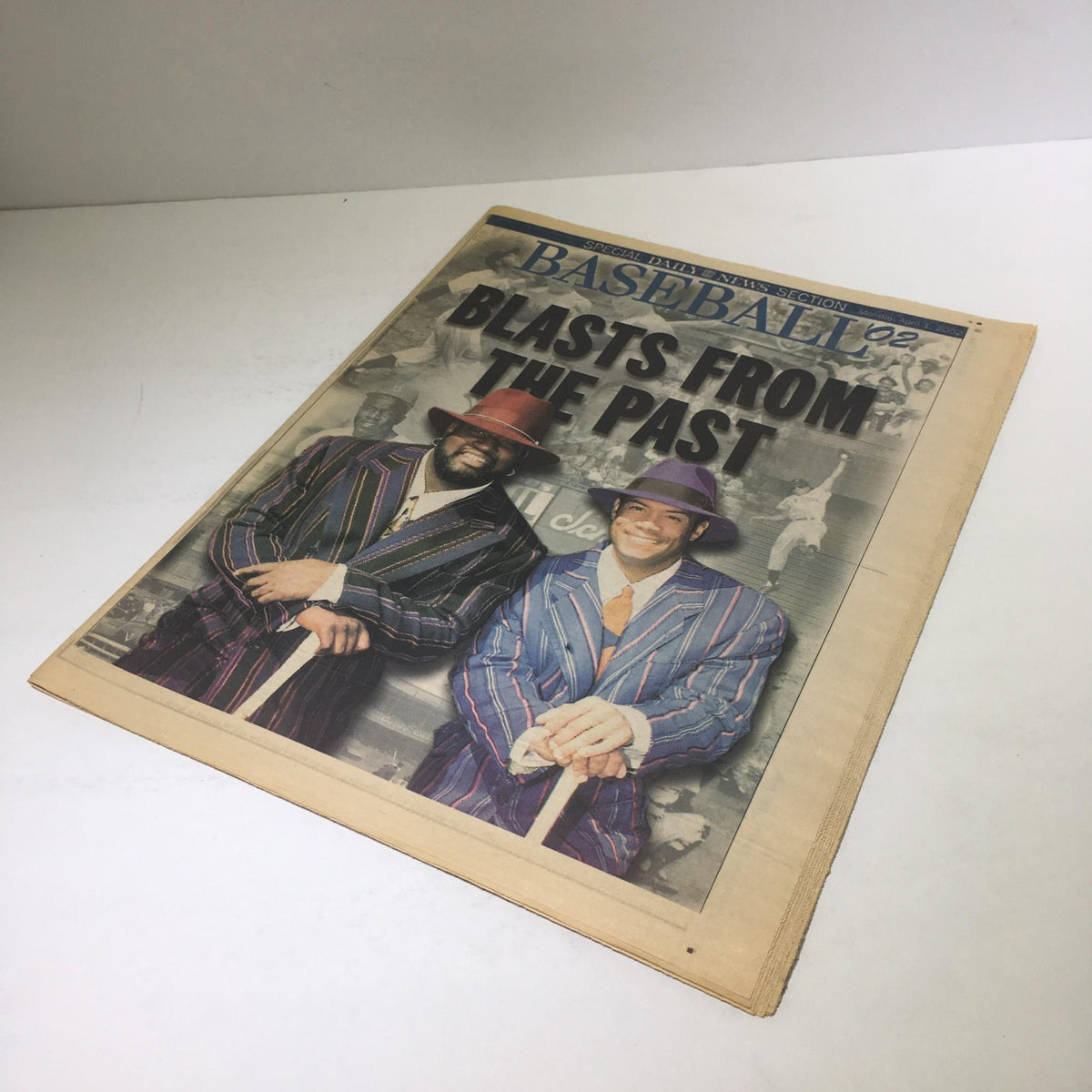 Cover of the Special New York Daily News: April 1, 2002, featuring two men in striped suits with hats, promoting the theme 'Blasts From The Past Baseball '02'.