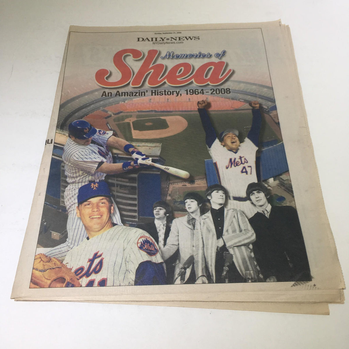 Front cover of the New York Daily News: Sept 21, 2008 - Memories of Shea, An Amazin' History, 1964-2008 newspaper featuring images of Mets players and iconic moments.
