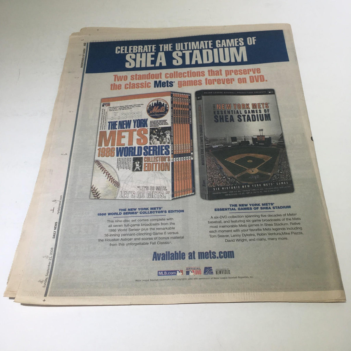 Advertisement page from the New York Daily News: Sept 21, 2008 - promoting collectible DVDs of classic Mets games at Shea Stadium.