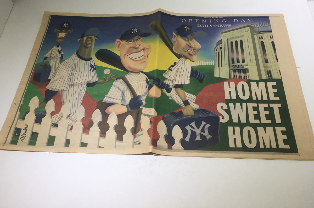 New York Daily News: April 16 2009 Opening Day, Home Sweet Home. Colorful illustration featuring baseball players in New York Yankees uniforms, showcasing a vibrant scene of excitement for the baseball season.