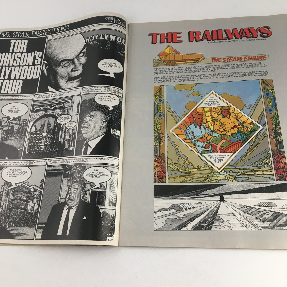Interior pages of the Heavy Metal Fantasy Magazine September 1984 featuring 'The Railways' by C. Renard, showcasing intricate comic art and storytelling.