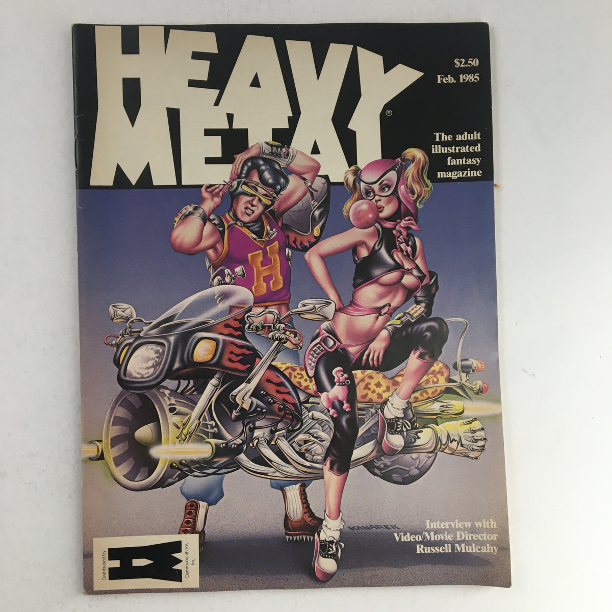 Cover of Heavy Metal Fantasy Magazine February 1985 featuring The Hunting Party by P. C., showcasing vibrant illustrations of characters on motorcycles.