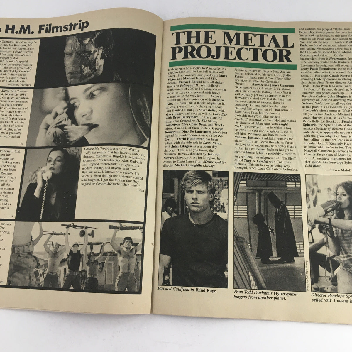 Filmstrip section from Heavy Metal Fantasy Magazine February 1985 The Hunting Party by P. C., highlighting movie stills and reviews related to fantasy films.