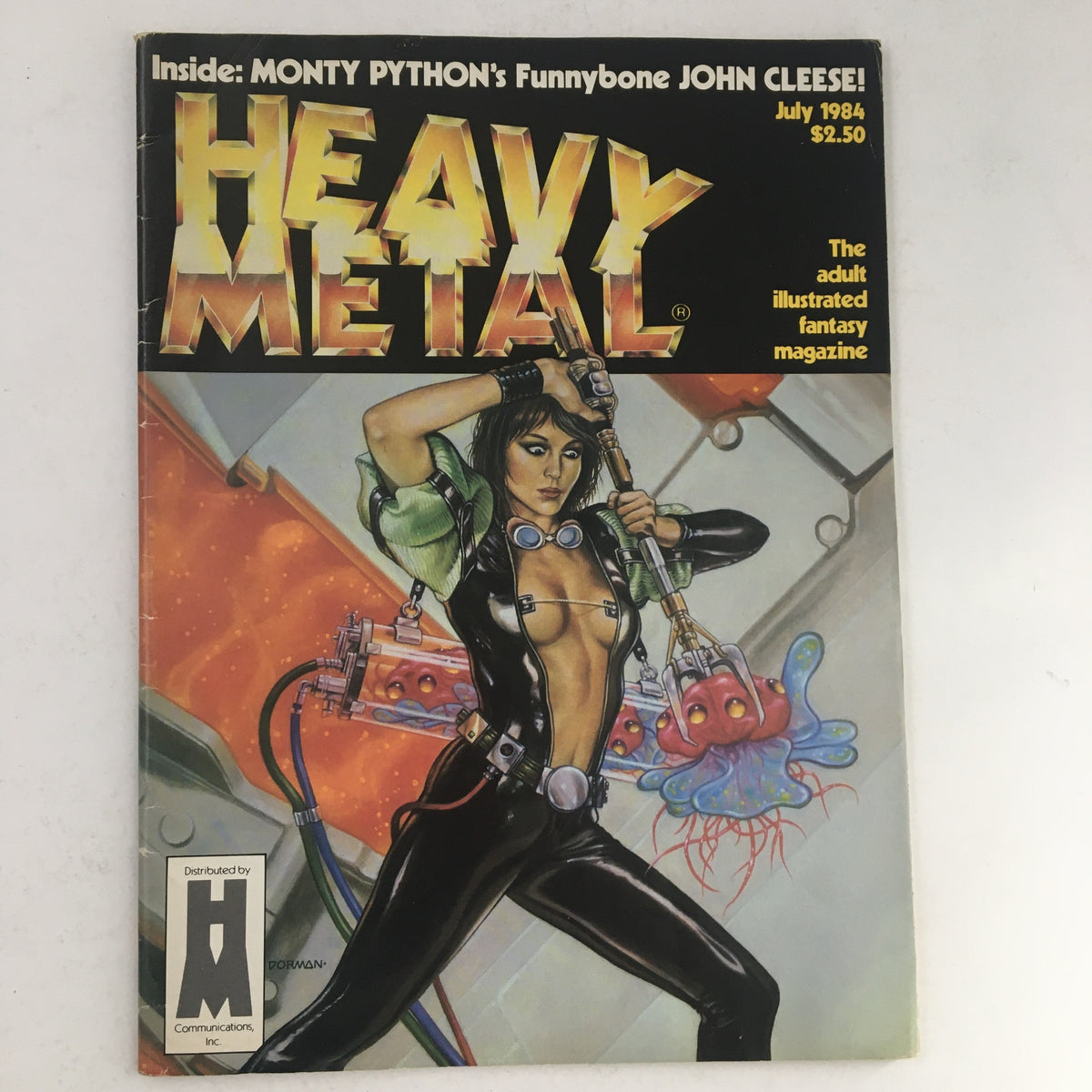 Cover of Heavy Metal Fantasy Magazine, July 1984 featuring Monty's Funnybone and John Cleese, showcasing vibrant artwork and bold title.