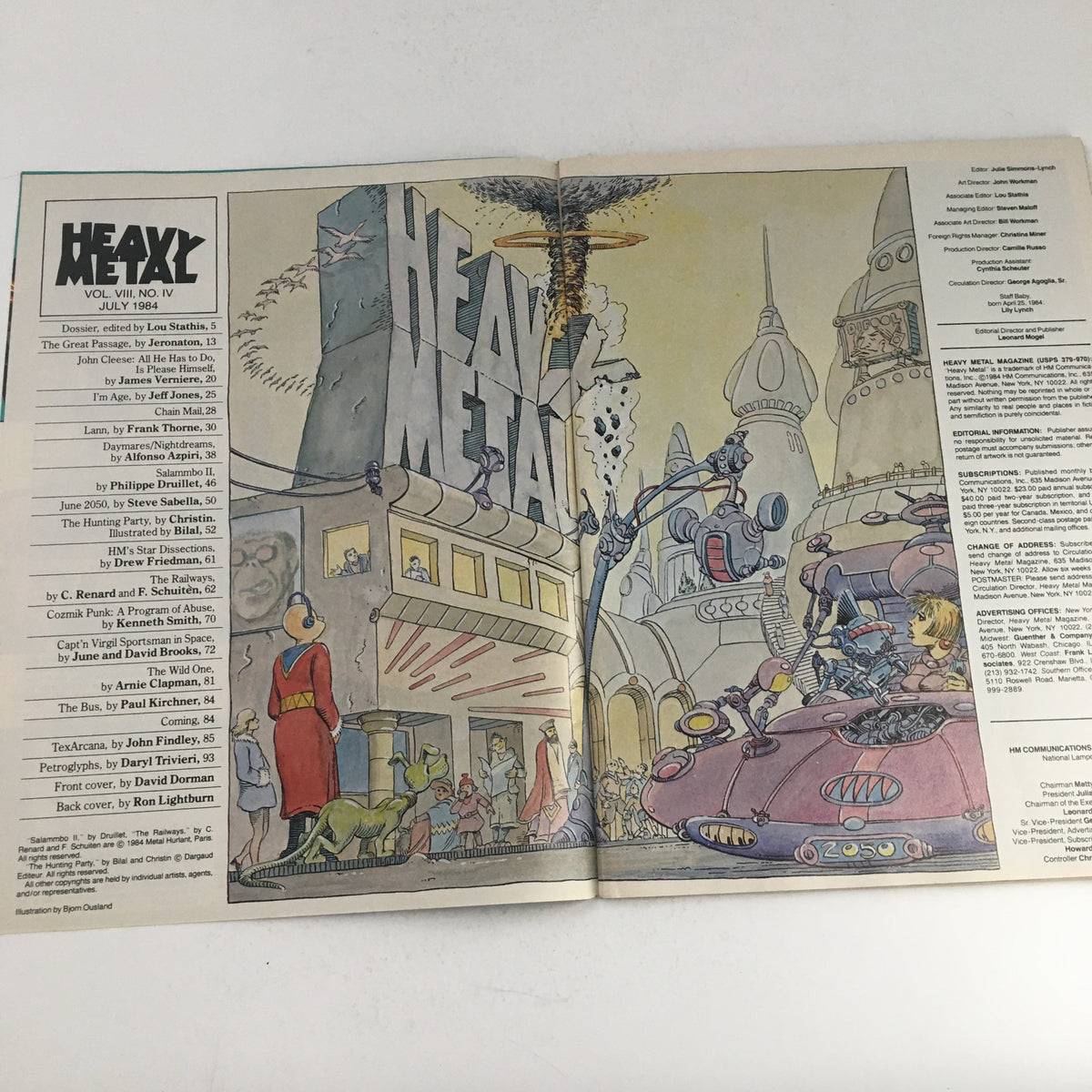 Inside spread of Heavy Metal Fantasy Magazine, July 1984, displaying engaging illustrations and content layout, highlighting its unique fantasy themes.