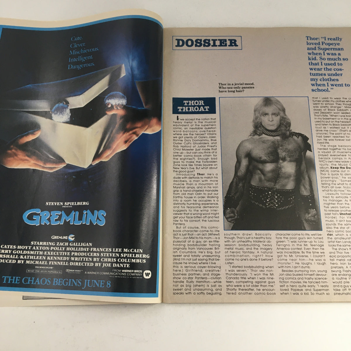 Dossier page from Heavy Metal Fantasy Magazine, July 1984, featuring an advertisement for Gremlins alongside a profile of Thor Throat, emphasizing pop culture connections.