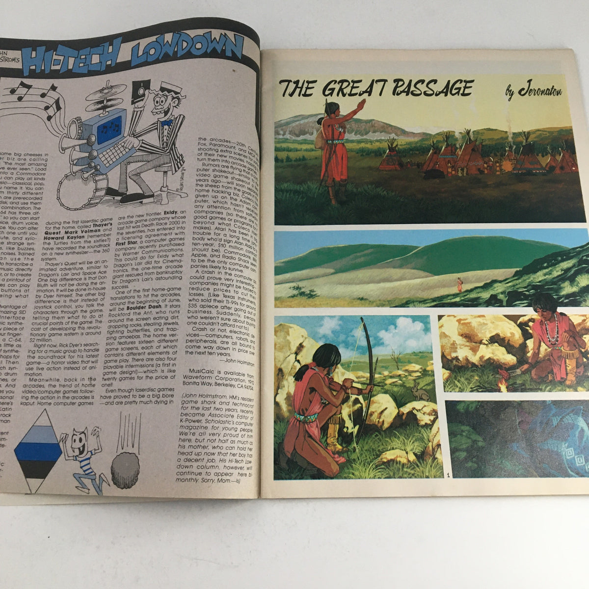 Page from Heavy Metal Fantasy Magazine July 1984, featuring an article titled 'Hi-Tech Lowdown' with humorous illustrations and another feature 'The Great Passage' with vibrant artworks depicting indigenous life.