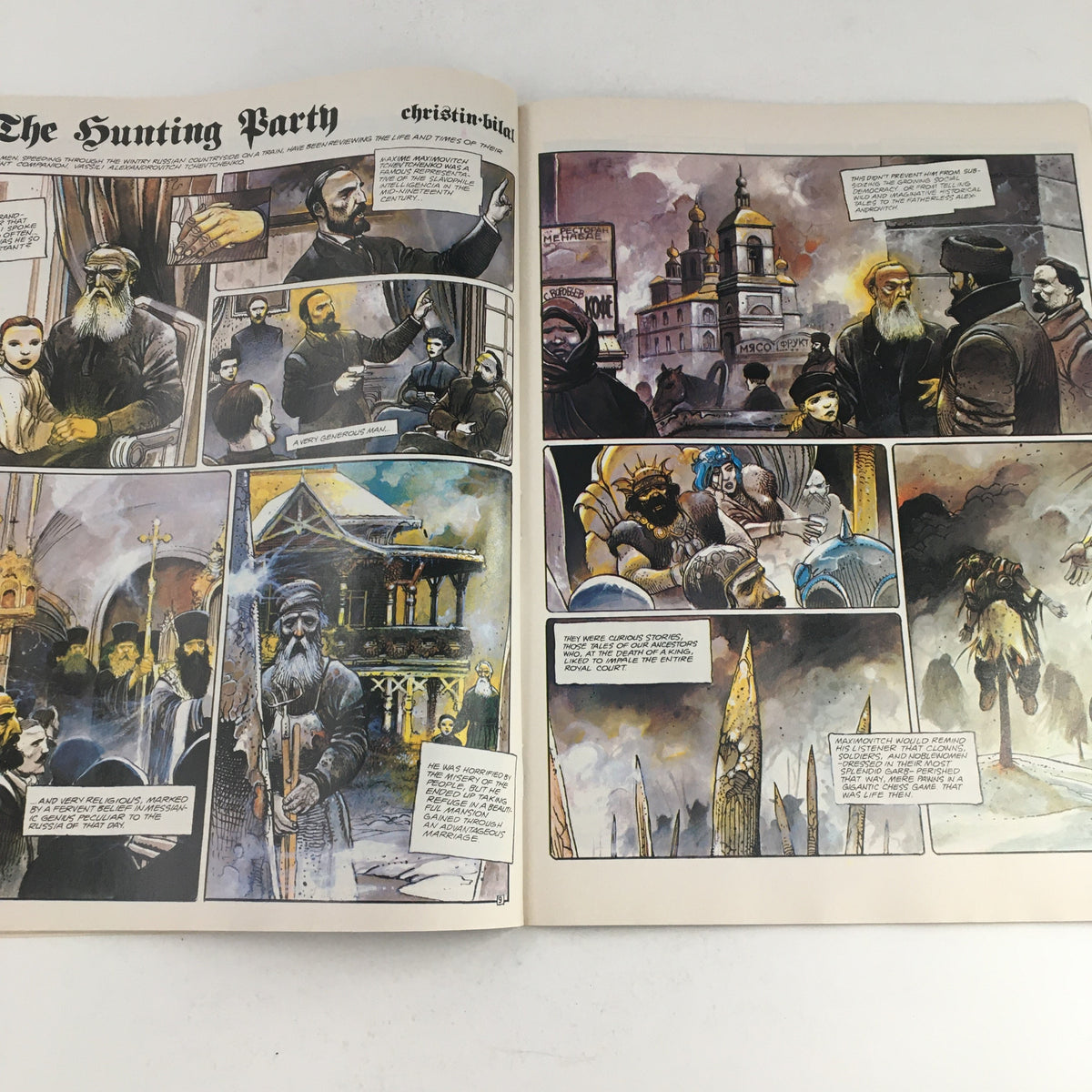 Illustrated page from Heavy Metal Fantasy Magazine July 1984 showcasing 'The Hunting Party' comic strip, highlighting dramatic scenes with rich coloring and detailed artwork.